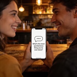 Two people smiling and connecting while reading a random conversation starter prompt on a smartphone.