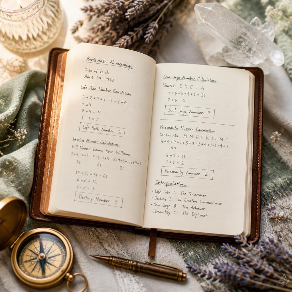 A glowing life path number calculator on a smartphone surrounded by spiritual elements like crystals and a journal.